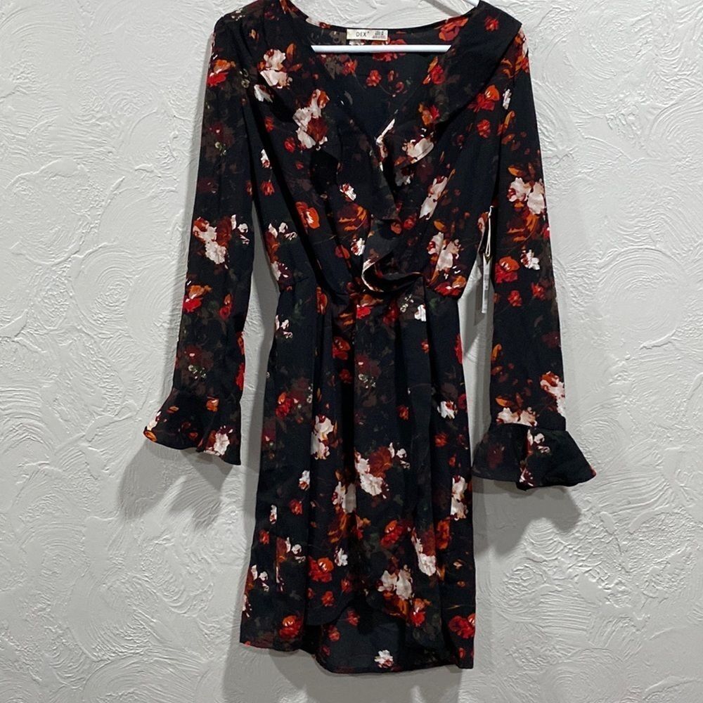 Dex Faux Wrap Black Floral Dress Size Medium